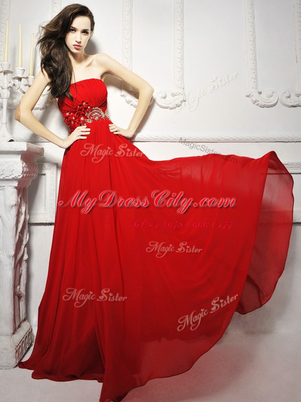 Smart Strapless Sleeveless Chiffon Prom Gown Beading and Ruching Brush Train Lace Up