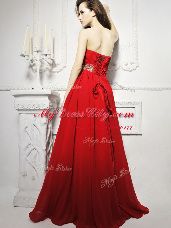 Smart Strapless Sleeveless Chiffon Prom Gown Beading and Ruching Brush Train Lace Up