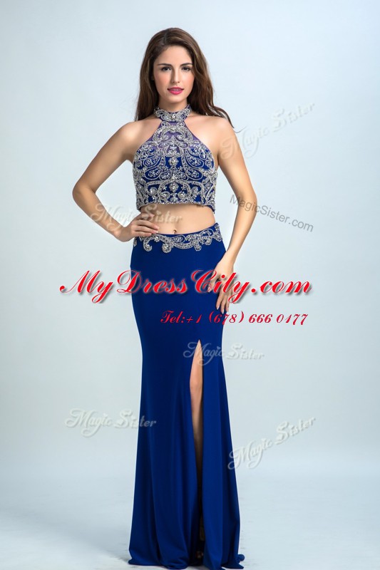 Eye-catching Royal Blue Halter Top Backless Beading Prom Party Dress Sleeveless