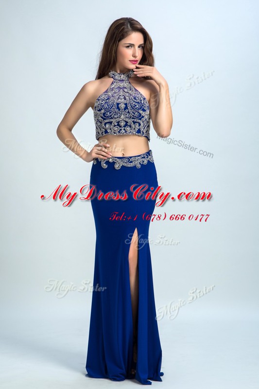 Eye-catching Royal Blue Halter Top Backless Beading Prom Party Dress Sleeveless