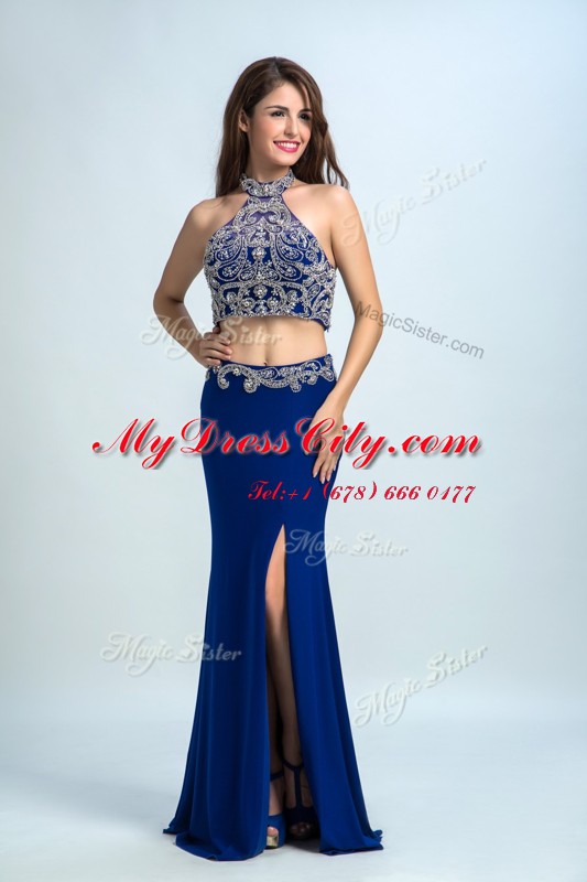 Eye-catching Royal Blue Halter Top Backless Beading Prom Party Dress Sleeveless