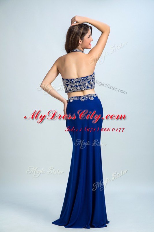 Eye-catching Royal Blue Halter Top Backless Beading Prom Party Dress Sleeveless