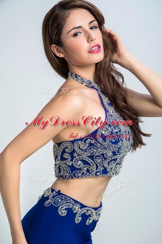 Eye-catching Royal Blue Halter Top Backless Beading Prom Party Dress Sleeveless