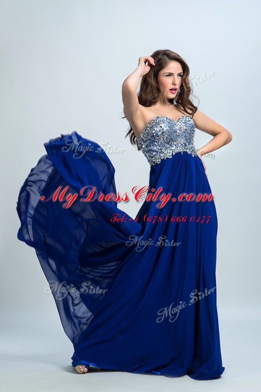 Fancy With Train Royal Blue Evening Dress Sweetheart Sleeveless Brush Train Zipper