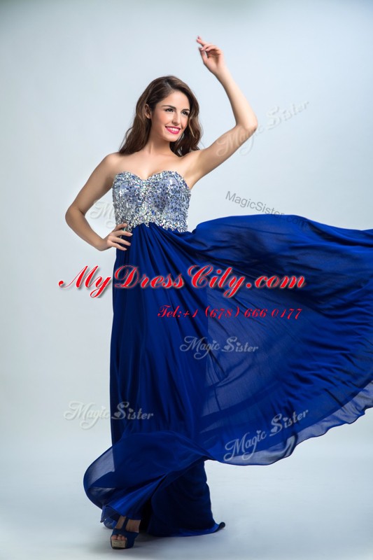 Fancy With Train Royal Blue Evening Dress Sweetheart Sleeveless Brush Train Zipper