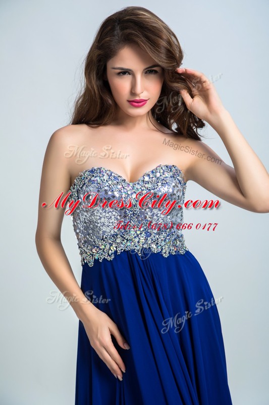 Fancy With Train Royal Blue Evening Dress Sweetheart Sleeveless Brush Train Zipper