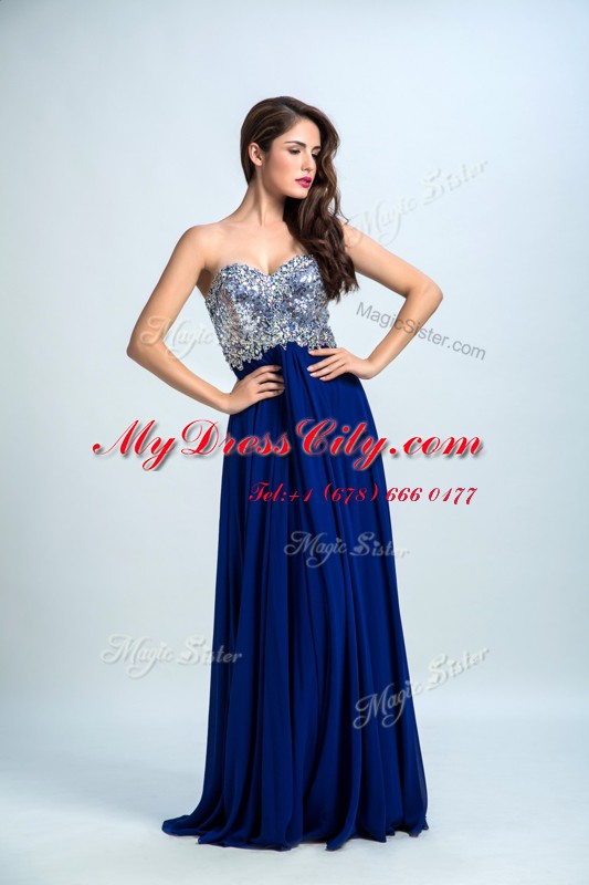 Fancy With Train Royal Blue Evening Dress Sweetheart Sleeveless Brush Train Zipper