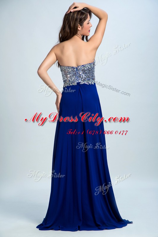 Fancy With Train Royal Blue Evening Dress Sweetheart Sleeveless Brush Train Zipper