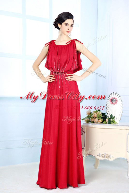 High Class Scoop Beading Prom Dress Red Side Zipper Sleeveless Floor Length