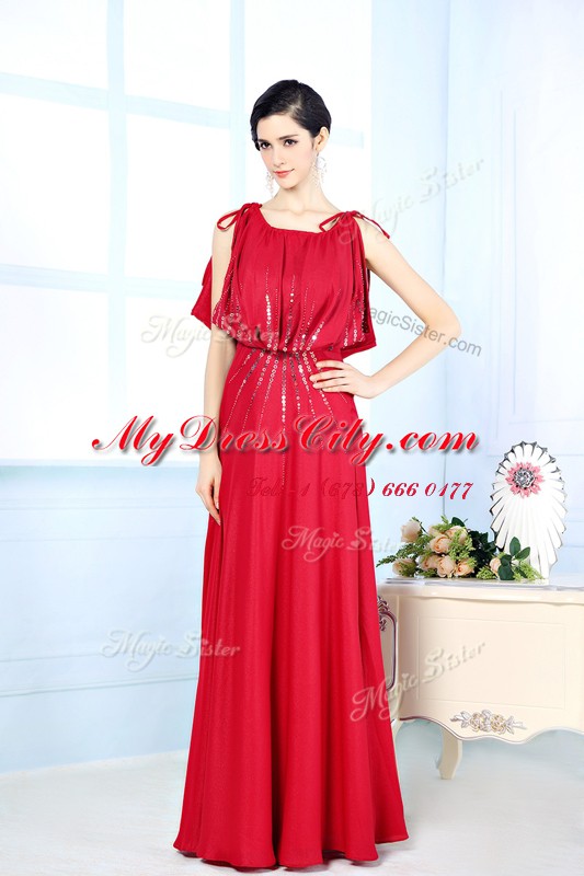 High Class Scoop Beading Prom Dress Red Side Zipper Sleeveless Floor Length