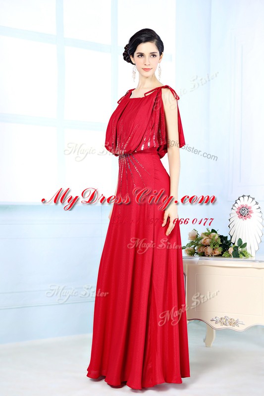 High Class Scoop Beading Prom Dress Red Side Zipper Sleeveless Floor Length