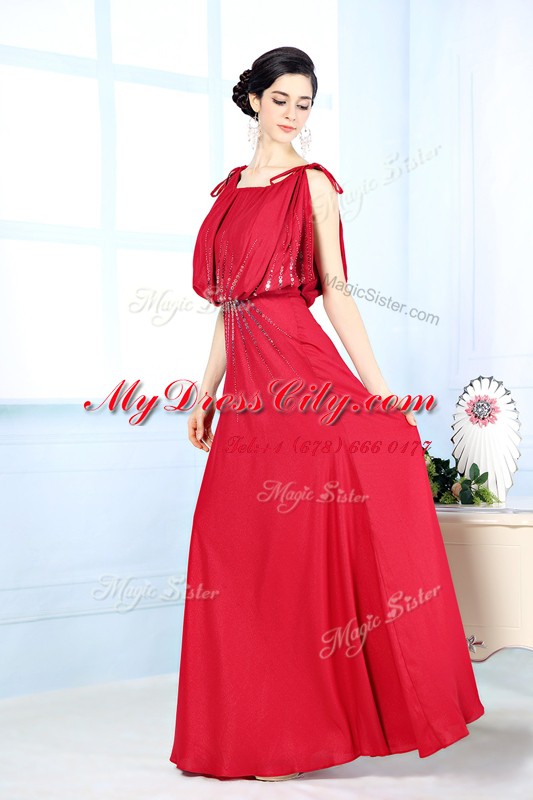 High Class Scoop Beading Prom Dress Red Side Zipper Sleeveless Floor Length