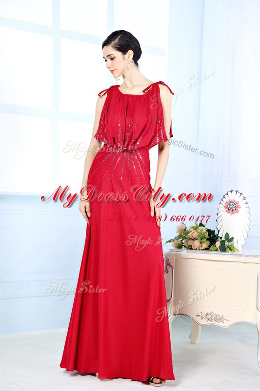 High Class Scoop Beading Prom Dress Red Side Zipper Sleeveless Floor Length