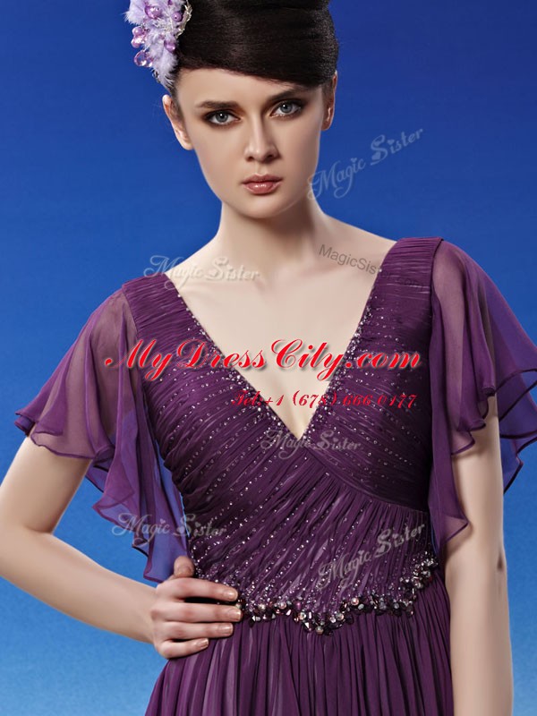 V-neck Short Sleeves Chiffon Homecoming Dress Beading and Ruching Side Zipper