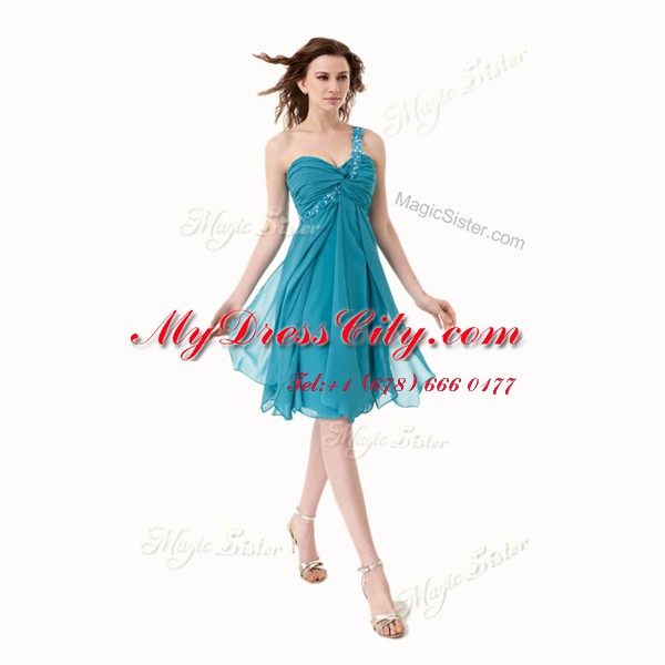 Charming One Shoulder Sleeveless Knee Length Beading and Ruffles Side Zipper Prom Gown with Teal