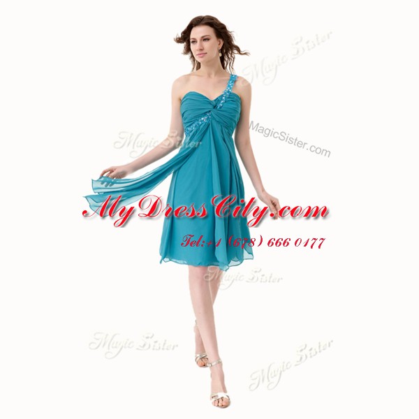 Charming One Shoulder Sleeveless Knee Length Beading and Ruffles Side Zipper Prom Gown with Teal