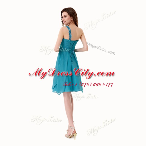 Charming One Shoulder Sleeveless Knee Length Beading and Ruffles Side Zipper Prom Gown with Teal