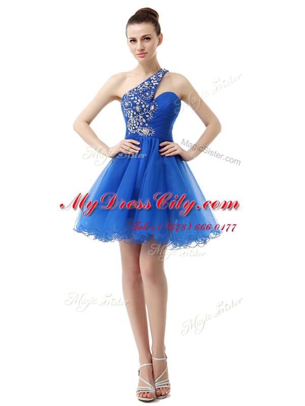 Charming One Shoulder Royal Blue Sleeveless Beading Knee Length Prom Dresses