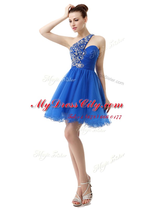 Charming One Shoulder Royal Blue Sleeveless Beading Knee Length Prom Dresses