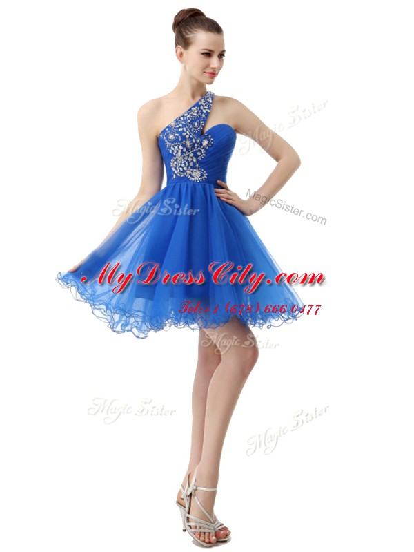 Charming One Shoulder Royal Blue Sleeveless Beading Knee Length Prom Dresses