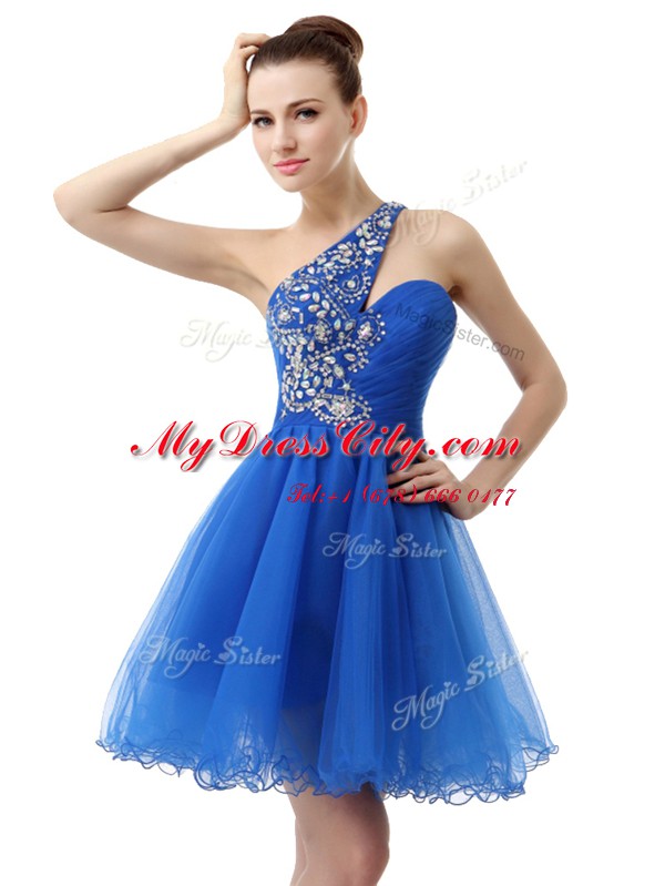 Charming One Shoulder Royal Blue Sleeveless Beading Knee Length Prom Dresses