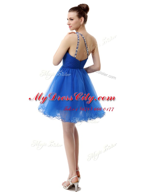 Charming One Shoulder Royal Blue Sleeveless Beading Knee Length Prom Dresses