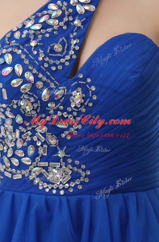 Charming One Shoulder Royal Blue Sleeveless Beading Knee Length Prom Dresses