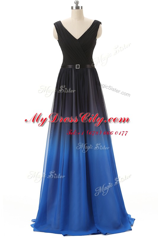 V-neck Sleeveless Dress for Prom Brush Train Beading Blue And Black Chiffon