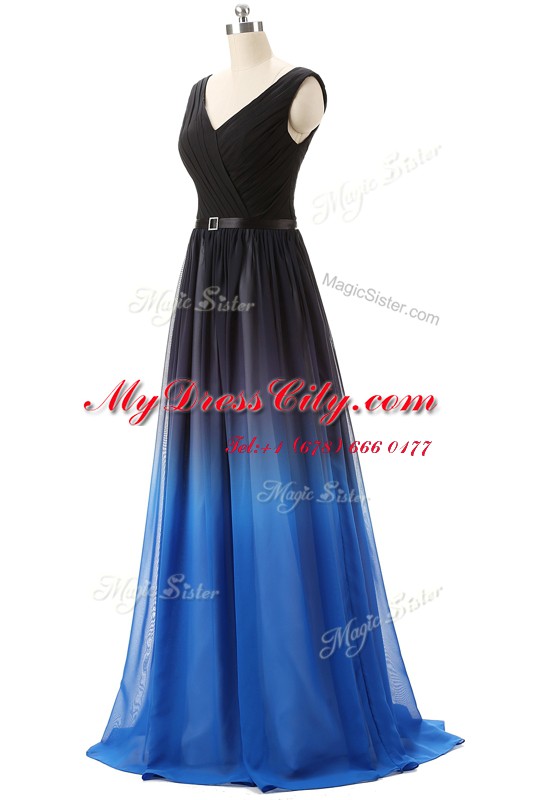 V-neck Sleeveless Dress for Prom Brush Train Beading Blue And Black Chiffon