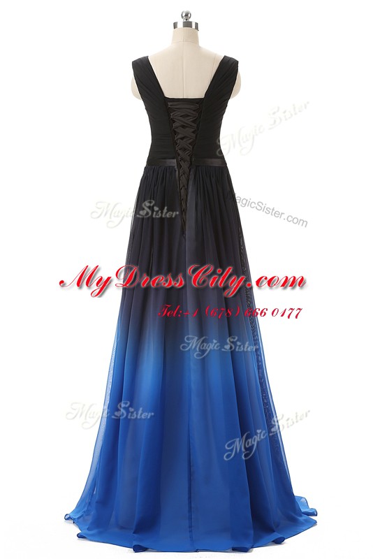 V-neck Sleeveless Dress for Prom Brush Train Beading Blue And Black Chiffon