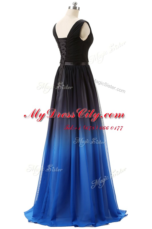 V-neck Sleeveless Dress for Prom Brush Train Beading Blue And Black Chiffon