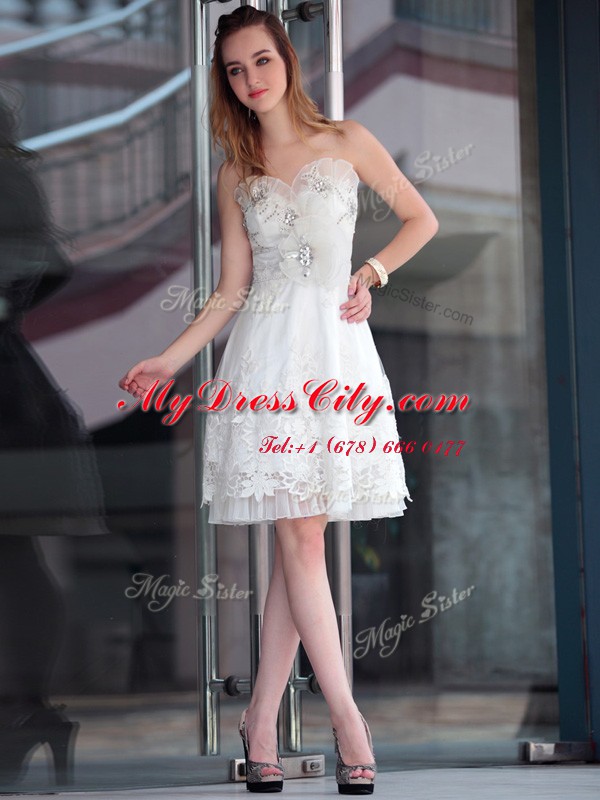 White Sleeveless Knee Length Lace and Appliques Zipper Prom Party Dress