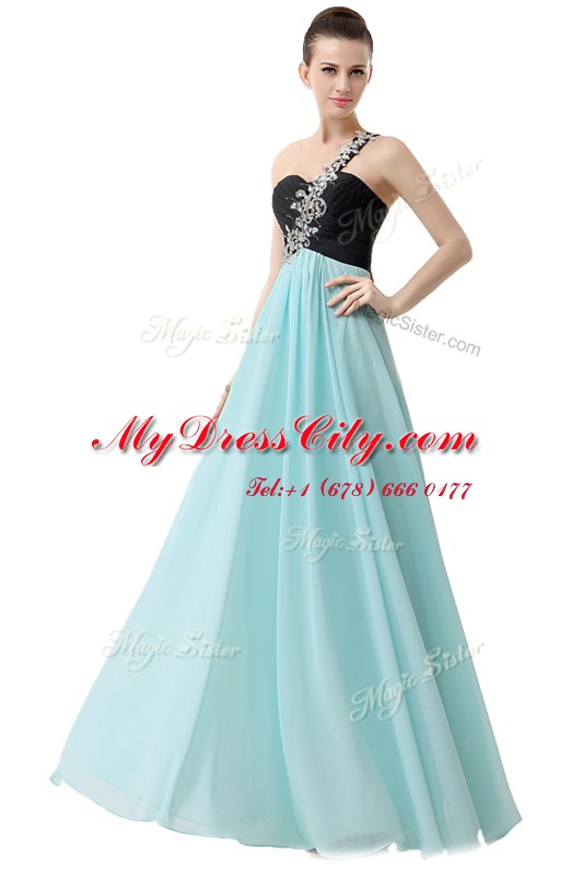 Fantastic Blue And Black Empire One Shoulder Sleeveless Chiffon Floor Length Zipper Beading and Ruffles Evening Dress