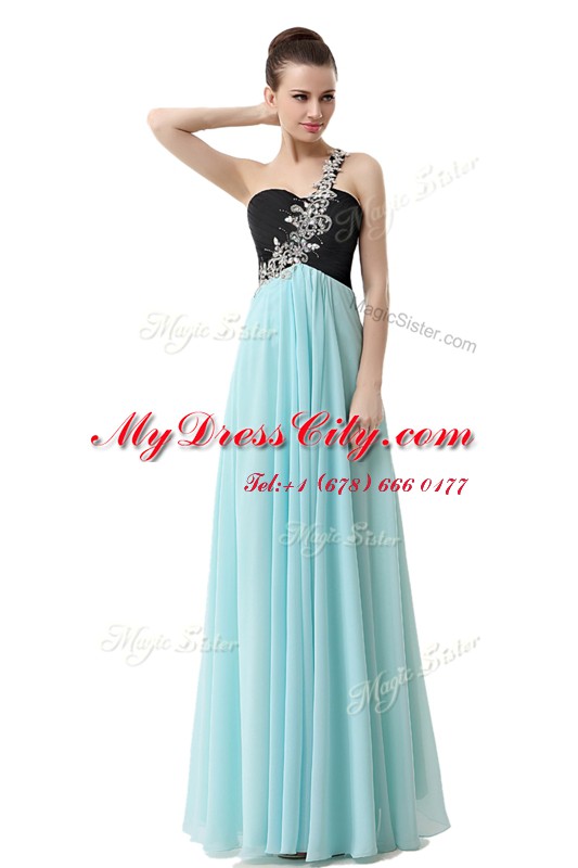 Fantastic Blue And Black Empire One Shoulder Sleeveless Chiffon Floor Length Zipper Beading and Ruffles Evening Dress