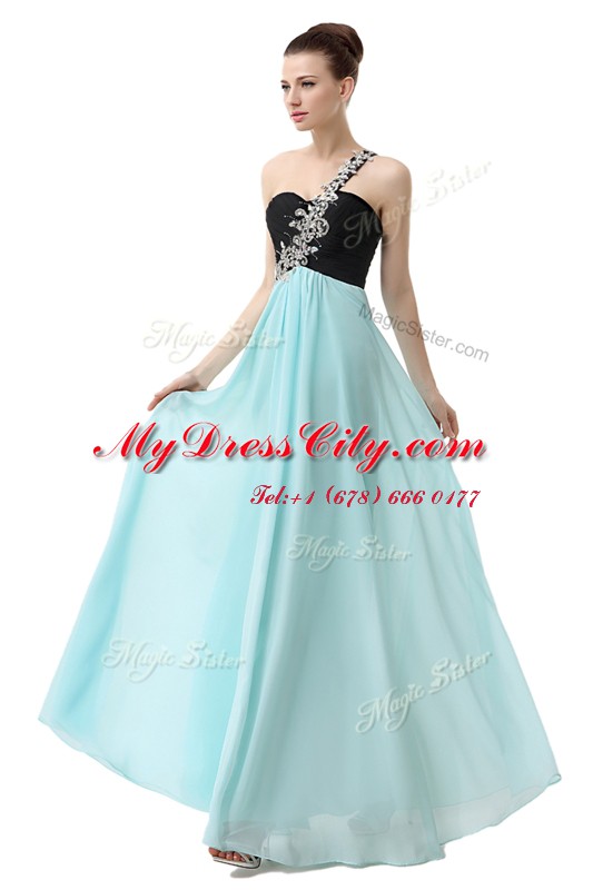 Fantastic Blue And Black Empire One Shoulder Sleeveless Chiffon Floor Length Zipper Beading and Ruffles Evening Dress