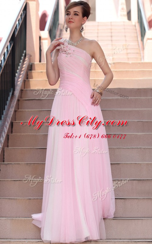 Gorgeous One Shoulder Sleeveless Beading and Hand Made Flower Side Zipper Prom Evening Gown