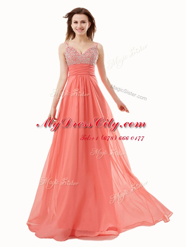 Customized Watermelon Red Empire Beading Prom Dresses Side Zipper Chiffon Sleeveless Floor Length