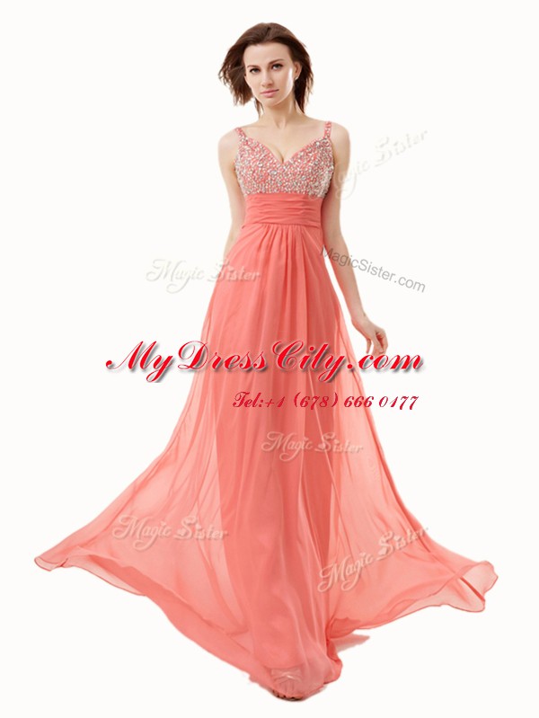 Customized Watermelon Red Empire Beading Prom Dresses Side Zipper Chiffon Sleeveless Floor Length