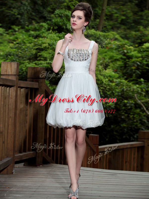 White Straps Neckline Beading Prom Party Dress Sleeveless Side Zipper