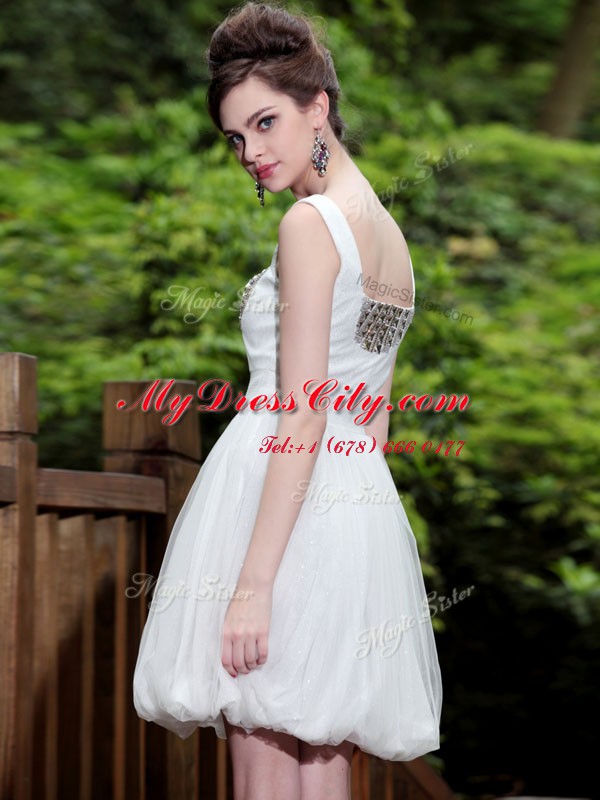 White Straps Neckline Beading Prom Party Dress Sleeveless Side Zipper