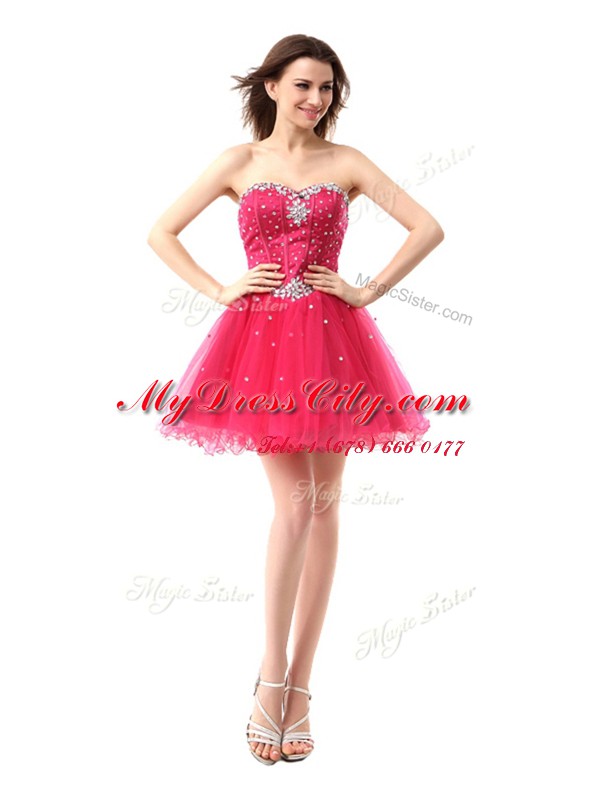 Coral Red Lace Up Homecoming Dress Beading Sleeveless Knee Length