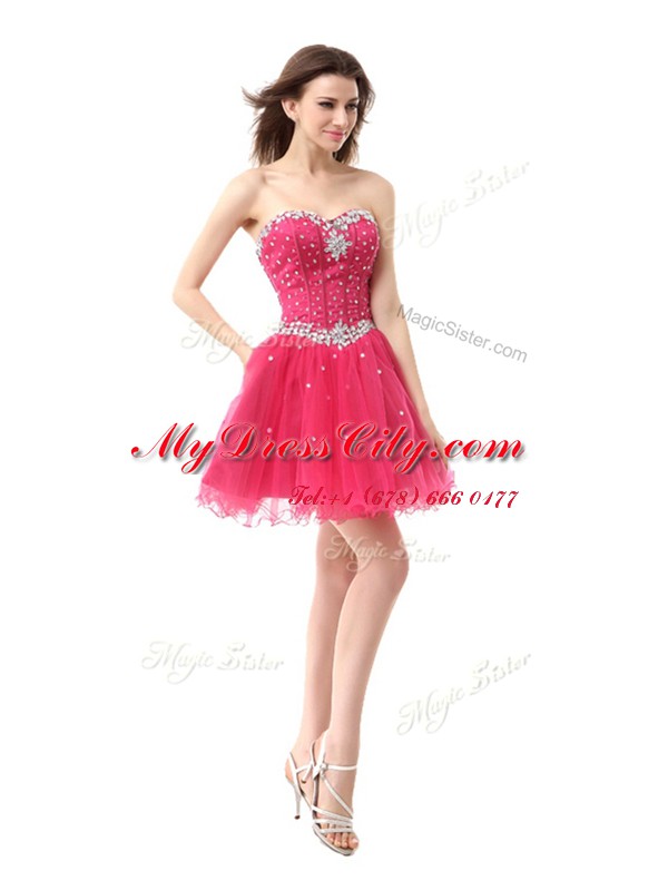 Coral Red Lace Up Homecoming Dress Beading Sleeveless Knee Length