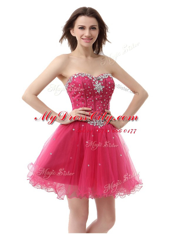 Coral Red Lace Up Homecoming Dress Beading Sleeveless Knee Length