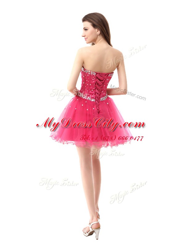 Coral Red Lace Up Homecoming Dress Beading Sleeveless Knee Length