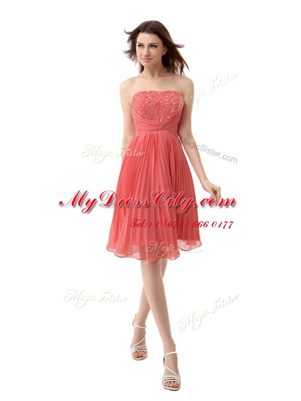 Strapless Sleeveless Chiffon Casual Dresses Beading and Pleated Zipper