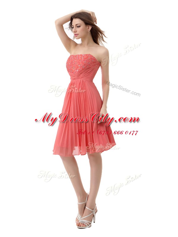 Strapless Sleeveless Chiffon Casual Dresses Beading and Pleated Zipper