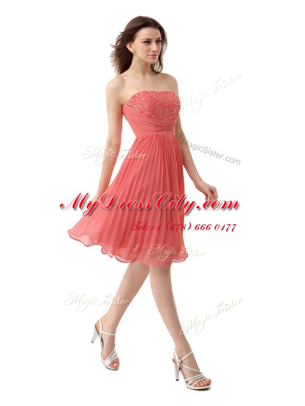 Strapless Sleeveless Chiffon Casual Dresses Beading and Pleated Zipper