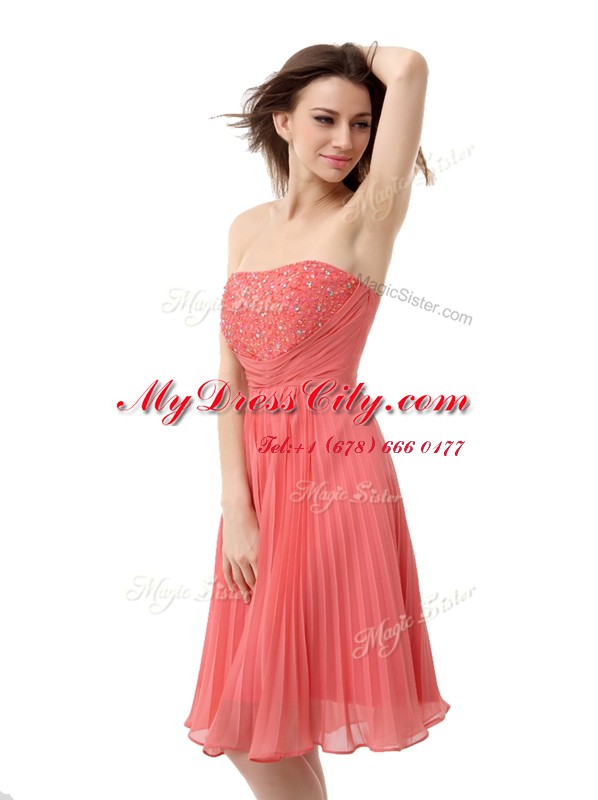 Strapless Sleeveless Chiffon Casual Dresses Beading and Pleated Zipper