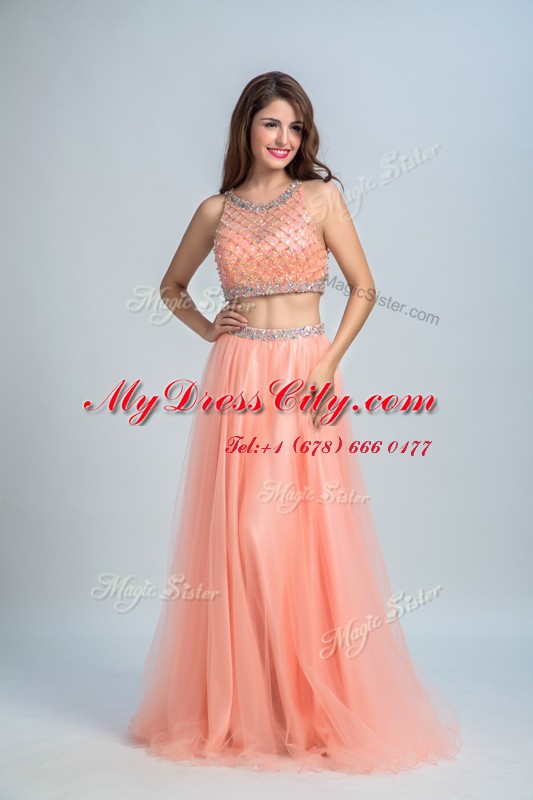 Beauteous Scoop Peach Column/Sheath Beading and Belt Prom Dress Side Zipper Chiffon Sleeveless Floor Length