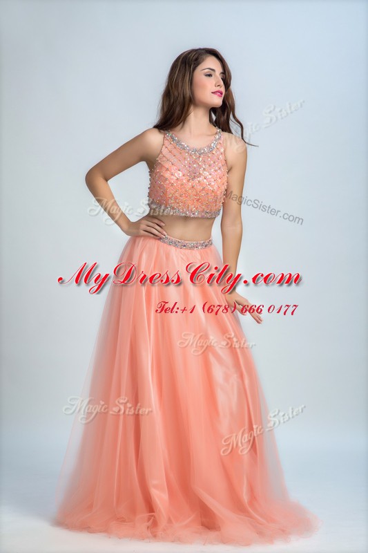 Beauteous Scoop Peach Column/Sheath Beading and Belt Prom Dress Side Zipper Chiffon Sleeveless Floor Length